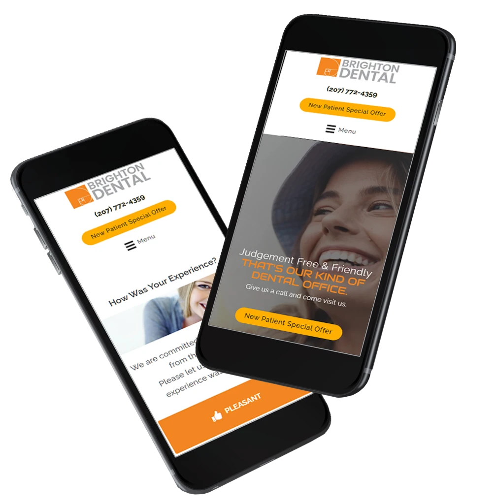 Two phones, open to website pages.